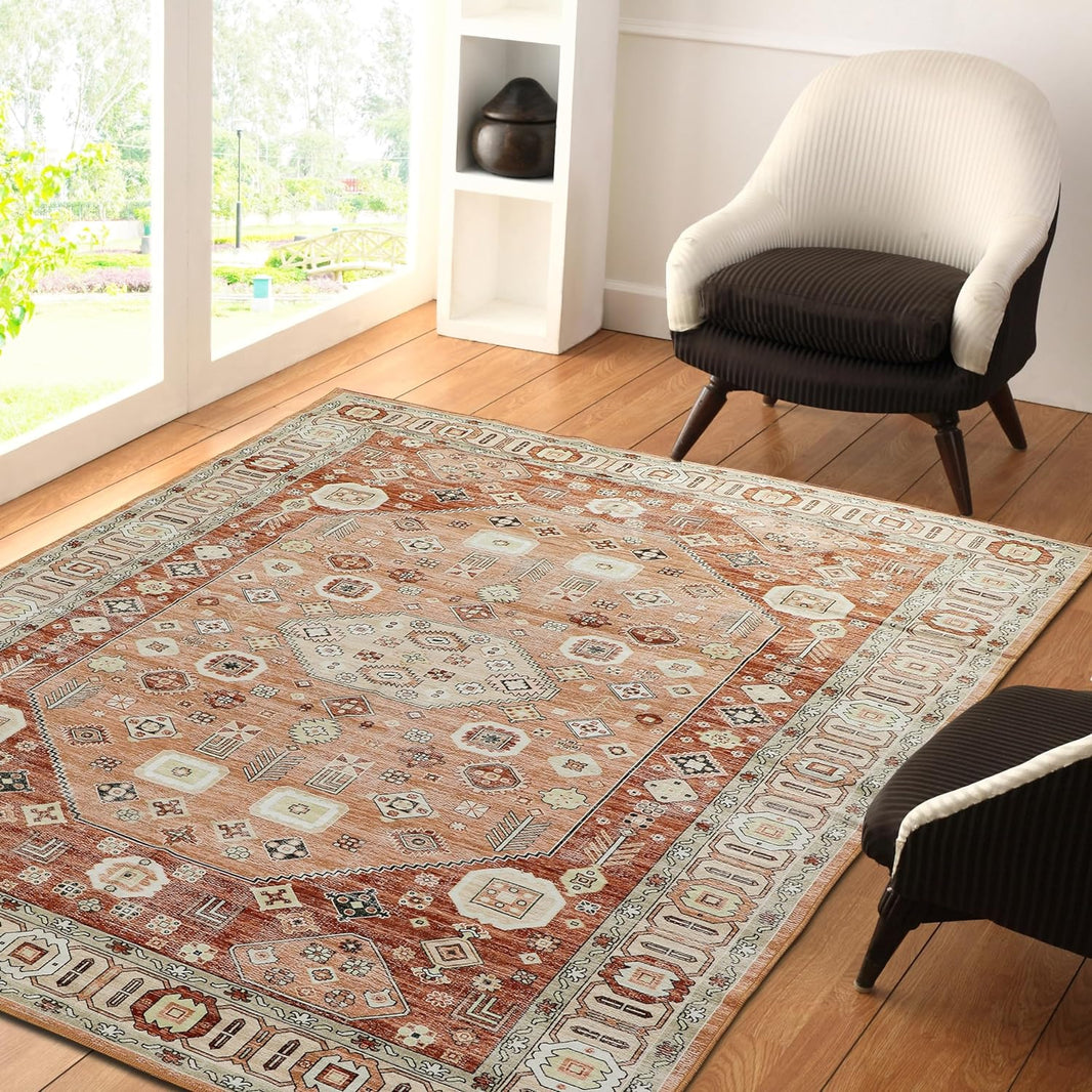 Transform Your Space with the Ultimate Blend of Elegance and Practicality: Introducing Our Machine Washable Terracotta Oriental Rug
